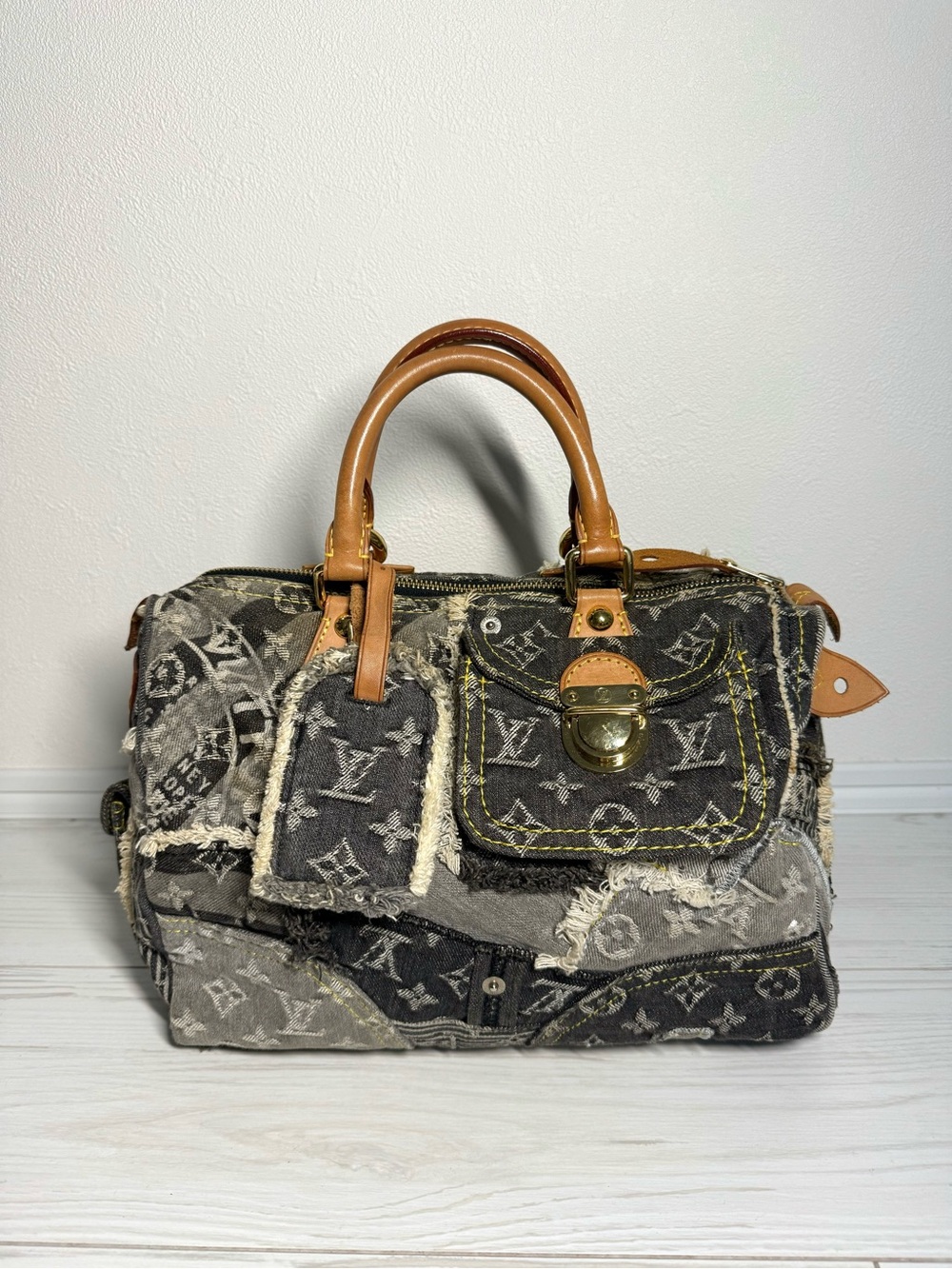 Louis Vuitton Patchwork Monogram Denim Satchel - Black & Tan